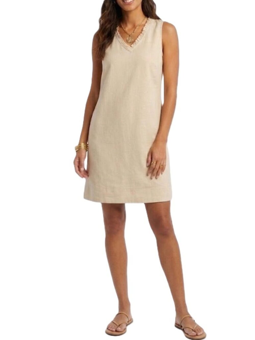 BRIGGS Beige Linen Blend Dress Medium V-Neck Sleeveless Shift Pockets - Picture 1 of 8